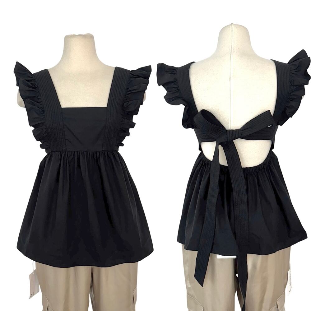 Self-Portrait Square-Neck Ruffled Top Open Tie Back Cotton-Poplin Black US0 NWT